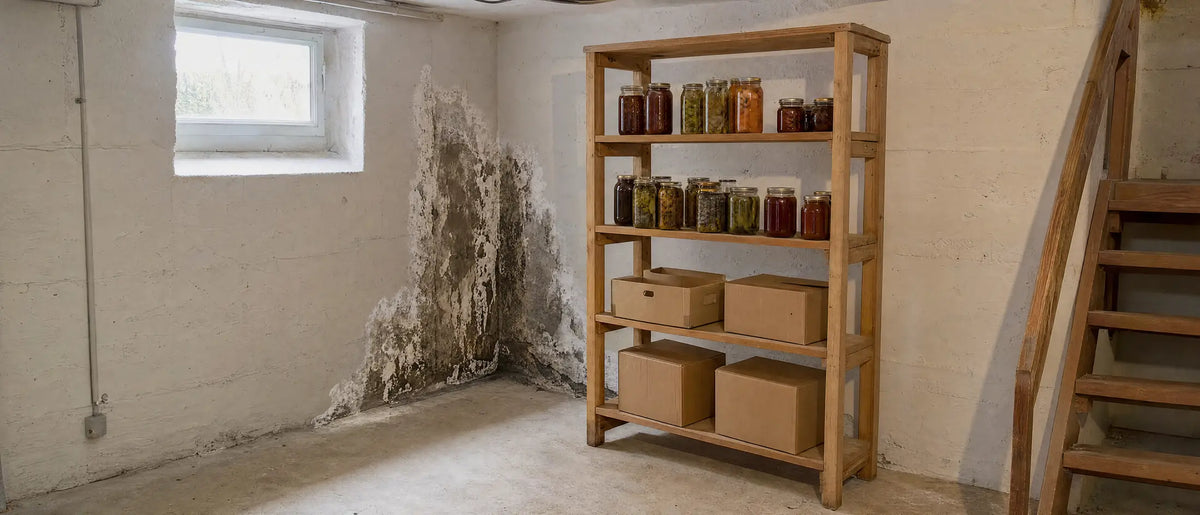 Kellerraum mit Holzregal, in der Ecke unter dem Fenster ein feuchter Fleck mit abblätternder Farbe und weißen Salzrändern