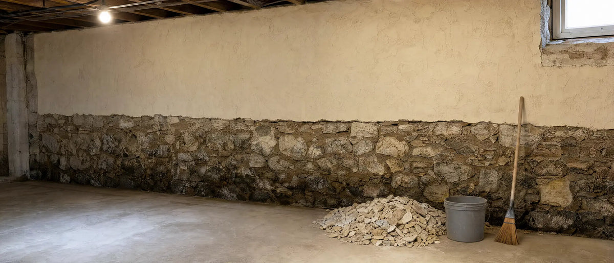 Kellerwand mit unten abgeschlagenem Putz, darunter feuchtes Natursteinmauerwerk, davor zusammengefegter Schutt mit Eimer und Besen