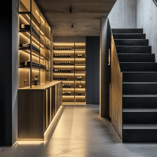 Ausgebauter Kellerraum mit beleuchteten Weinregalen entlang der Wand und einer Treppe aus dunklem Stahl