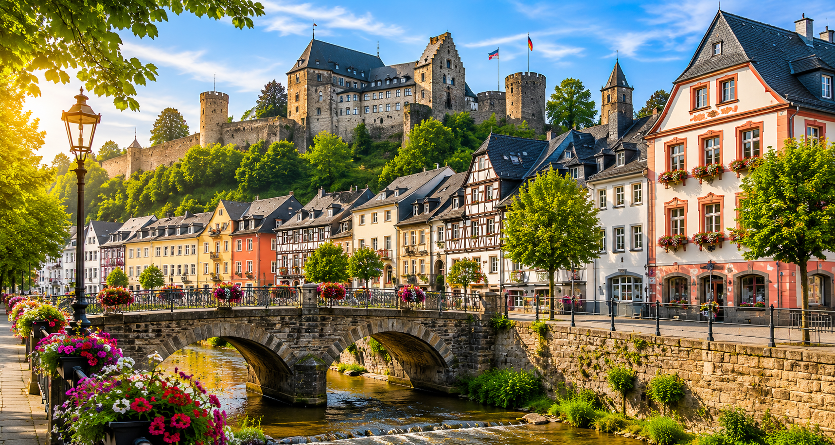 Altstadt mit einer Burg auf dem Hügel, Fachwerkhäusern am Ufer und einer steinernen Bogenbrücke über den Bach