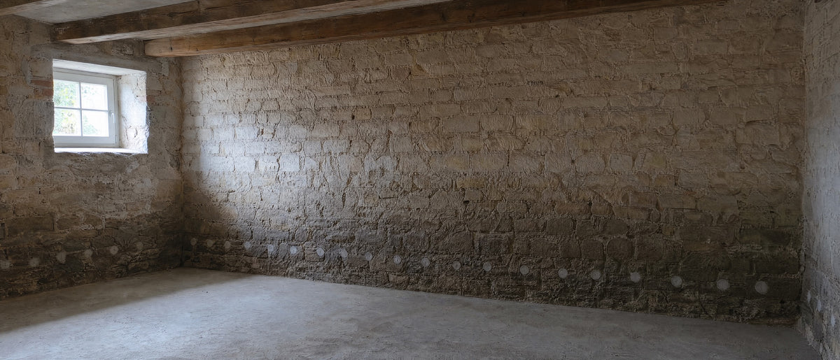 Kellerwand ohne Putz während der Trocknung, unten noch dunkel vor Feuchte, darüber schon heller
